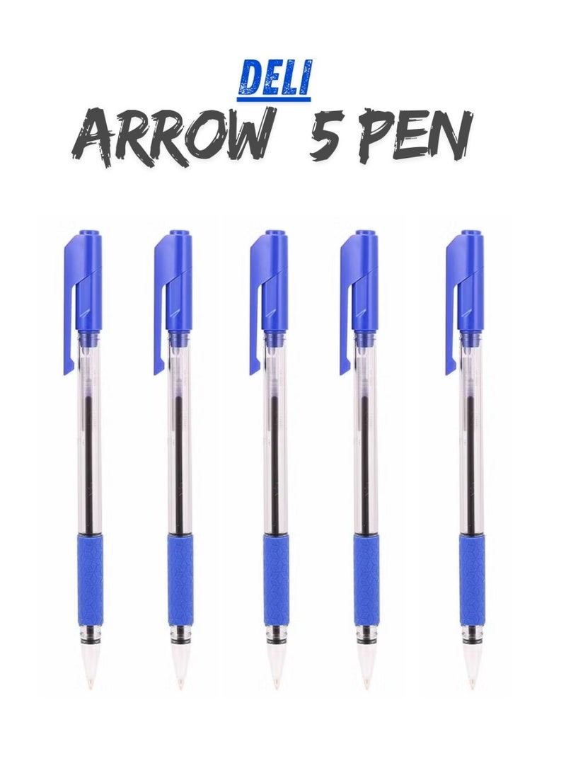 Deli Arrow 0.7mm Bullet Tip Ball Point Pen, Blue - 5 Peice - Image 1